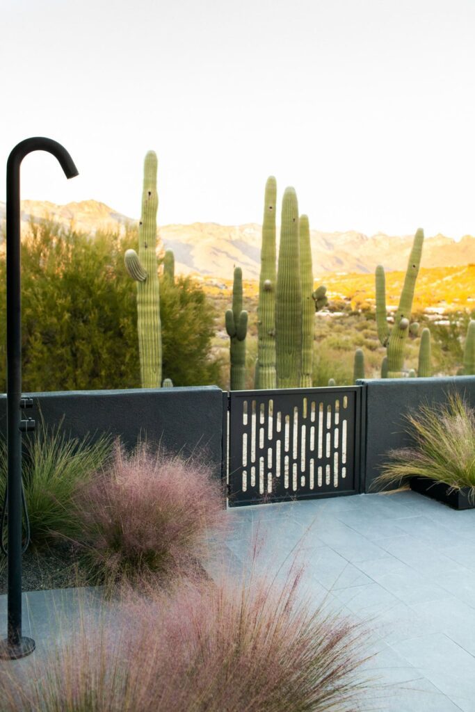 Outdoor shower at a mid-century private residence in Tucson, Arizona, photographed by Fletcher and Co for Box Hill Landscape Design.