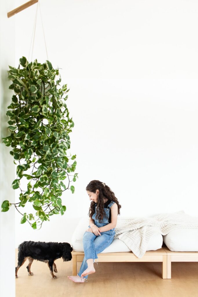 Child sitting next to dog standing during a modern portrait photography session in Tucson, Arizona.
